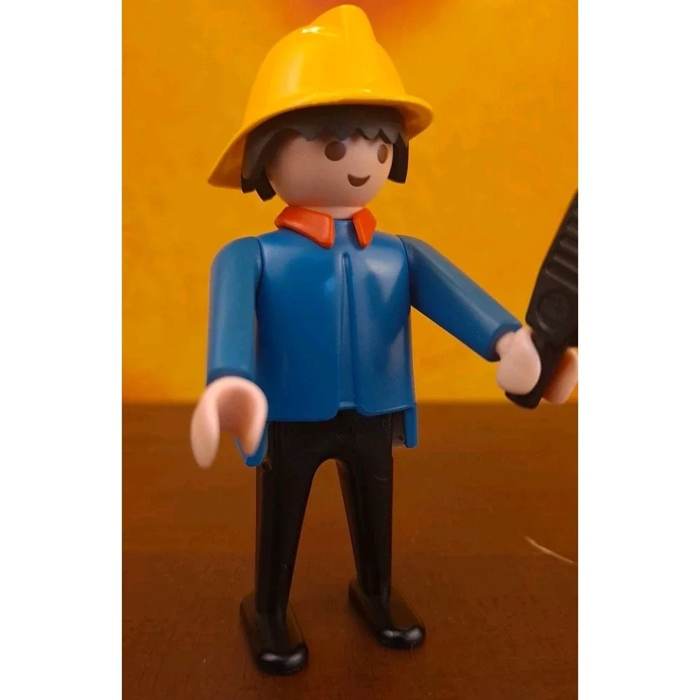 Vtg‎ 1974 Geobra Playmobil Figure With Blue Shirt & Black Pants Yellow Hat Radio
